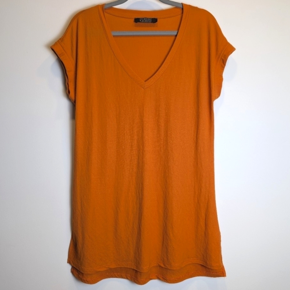 Primark Orange Longline V-neck Short Sleeve Shirt Size Medium